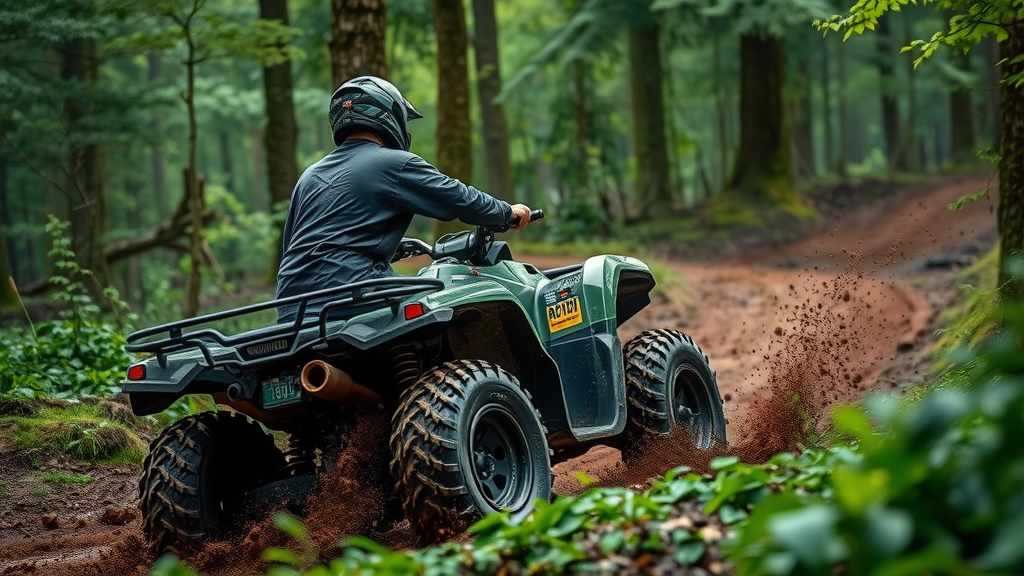 Experienced ATV rider cornering on muddy forest trail, trail riding skills