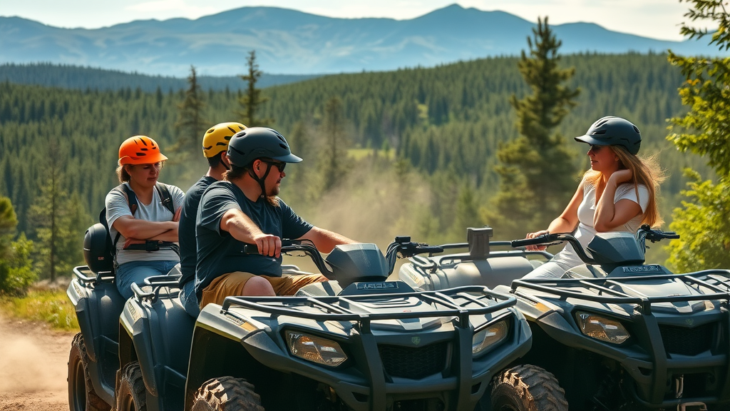 thoughtful group of UTV riders discussing utv safety guidelines in a scenic forest during daylight