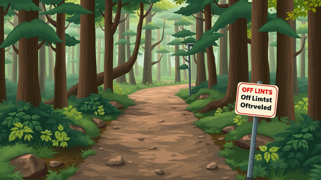 Protected forest trail emphasizing legal and environmental restrictions on off road vehicle technology