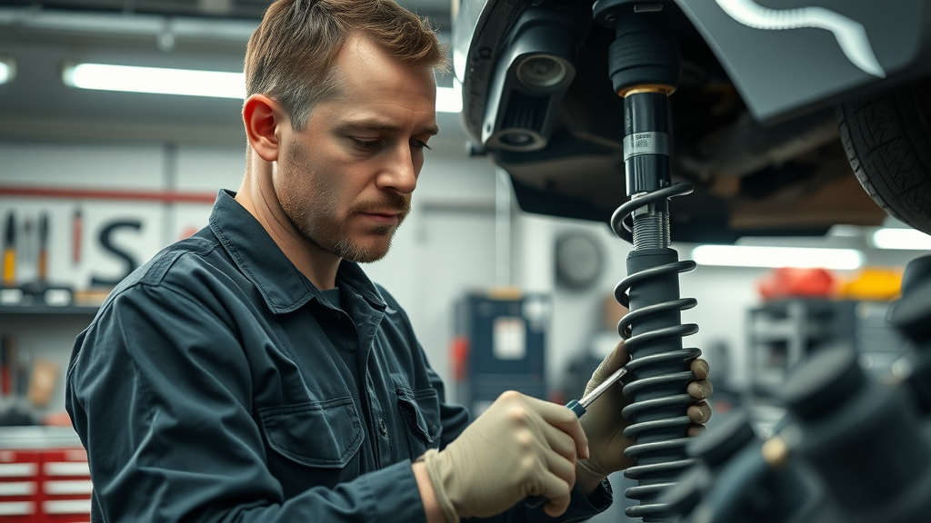routine off road vehicle performance maintenance - mechanic checking suspension and fluids in well-lit service bay