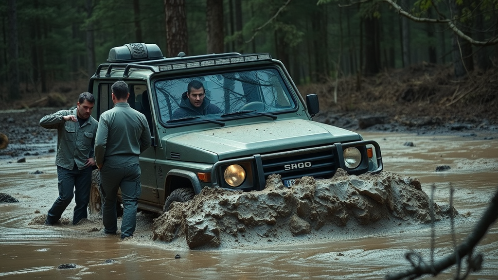off road vehicle performance mistake - vehicle stuck in mud, team assessing situation