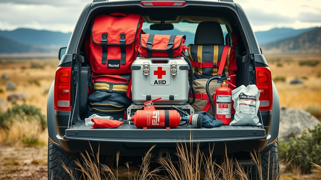 Organized safety gear including air compressor, first aid kit, and fire extinguisher on off-road adventure