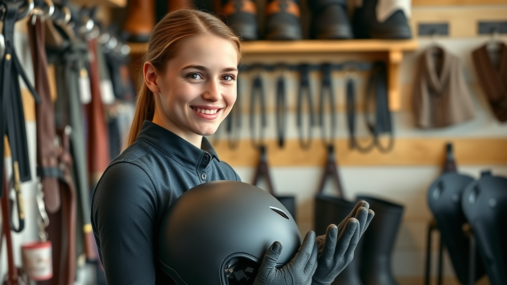 beginner riding advice – confident beginner equestrian inspecting helmet and boots in tack room