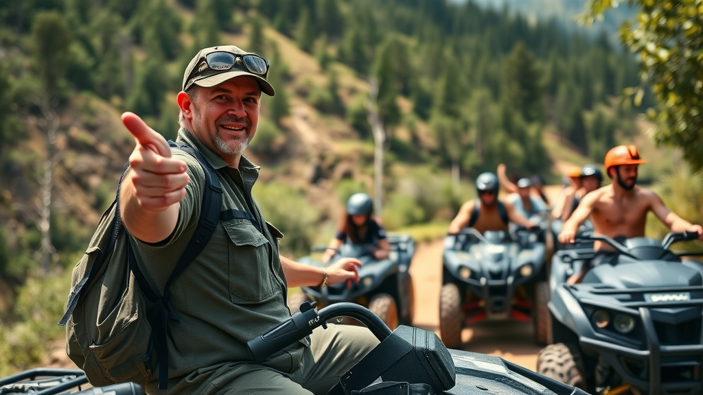 professional UTV trail guide pointing out hazards and giving safety instructions on atv trail hills