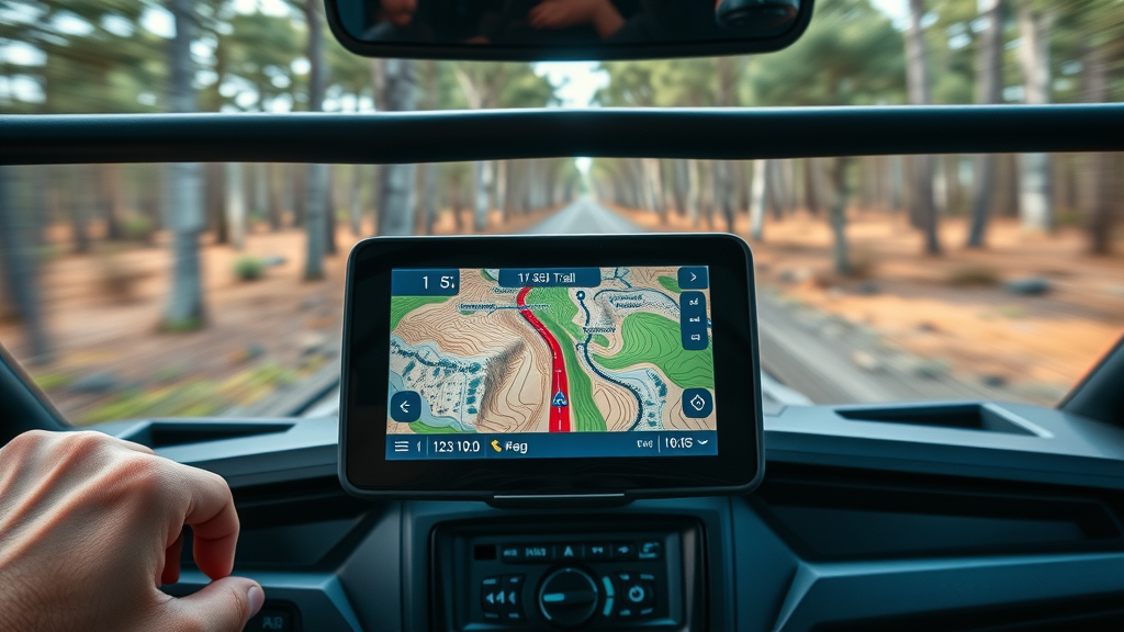 modern GPS navigation device displaying vibrant topographic off-road trail map on UTV dashboard using off road navigation technology
