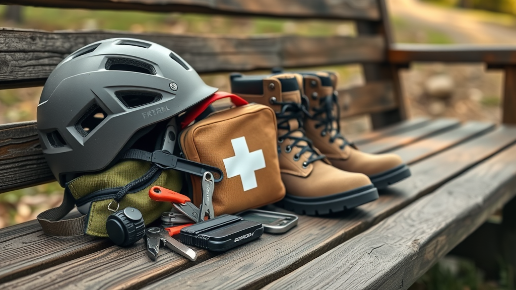 Trail riding tips: Close-up view of essential trail safety gear—helmet, boots, and first-aid kit—organized on a rustic bench