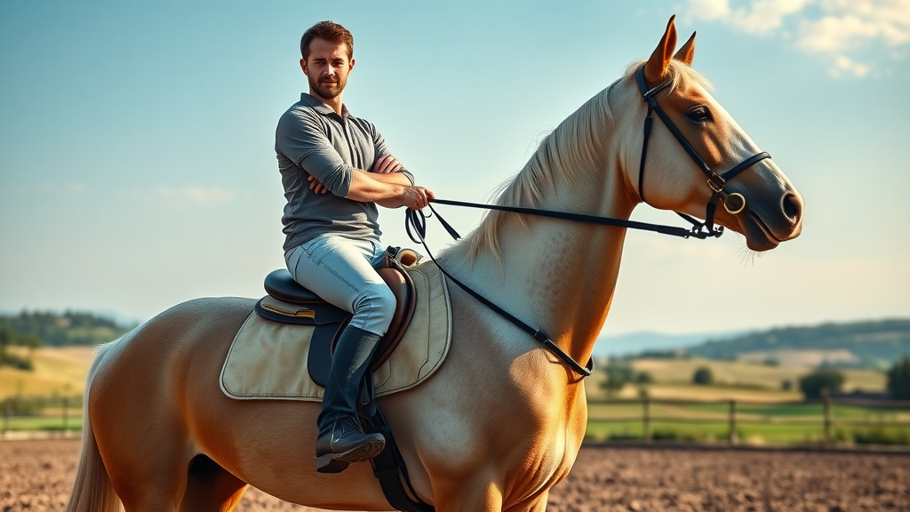 confident male beginner rider upright in the saddle practicing posture perfection for horse riding and horseback riding tips