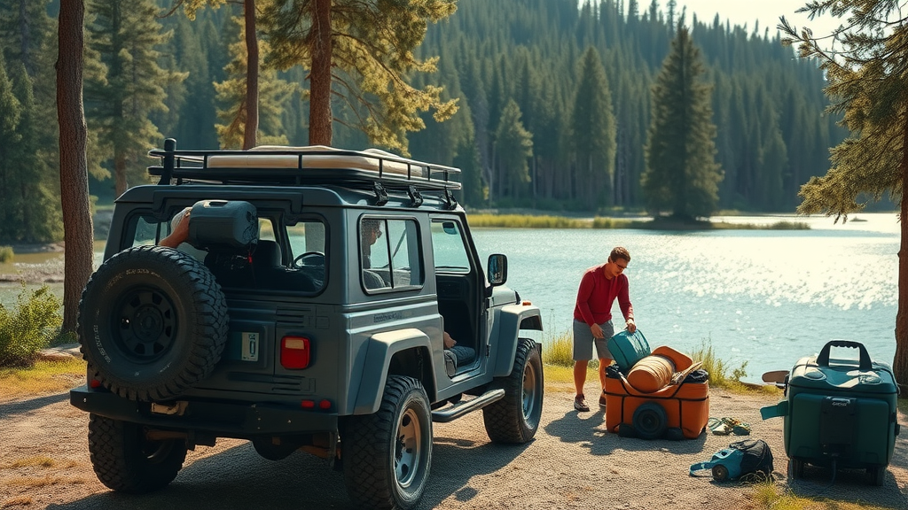 Electric off road vehicle charging at remote campsite, adventure-ready people unpacking, dense forest, sparkling lake, Sigma 24-70mm f/2.8 DG DN