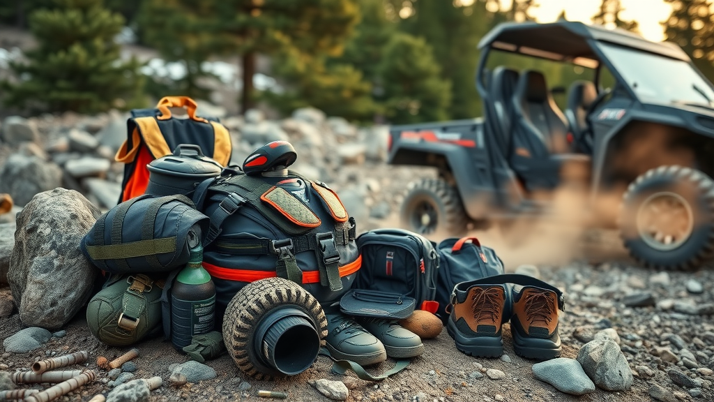durable trail riding safety gear organized beside a UTV before hitting rocky atv trails, pine trees in background