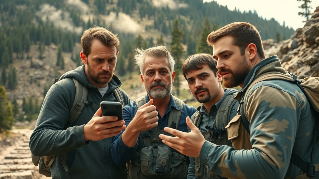 adventurous group of off-road explorers using advanced GPS device in rugged mountainous terrain with dense trees and rocky trails. off road navigation technology in action