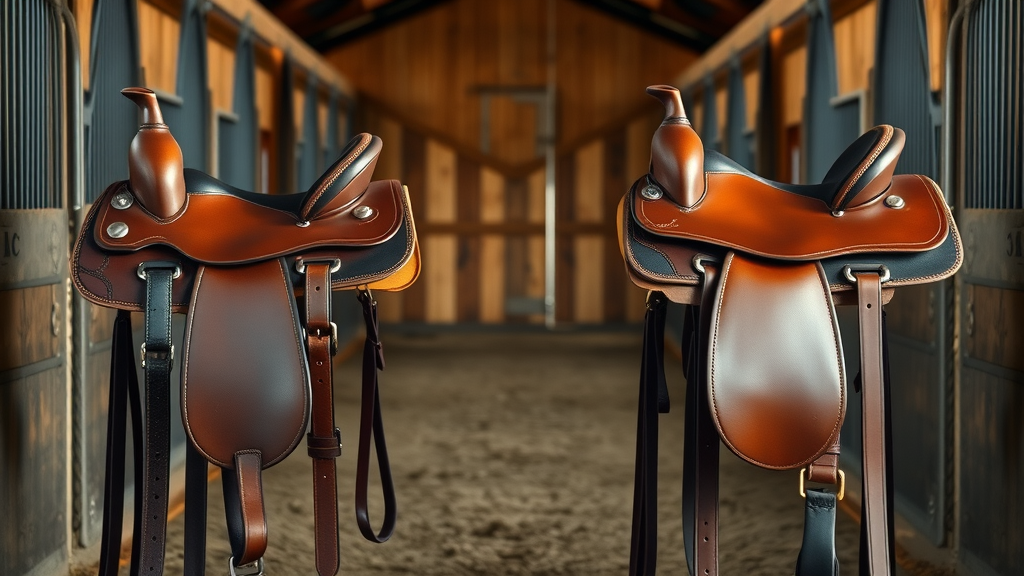western riding, english saddle: Side-by-side comparison of western and English saddles and tack arranged in a split stable aisle, showing clear differences in design and leather, photorealistic.