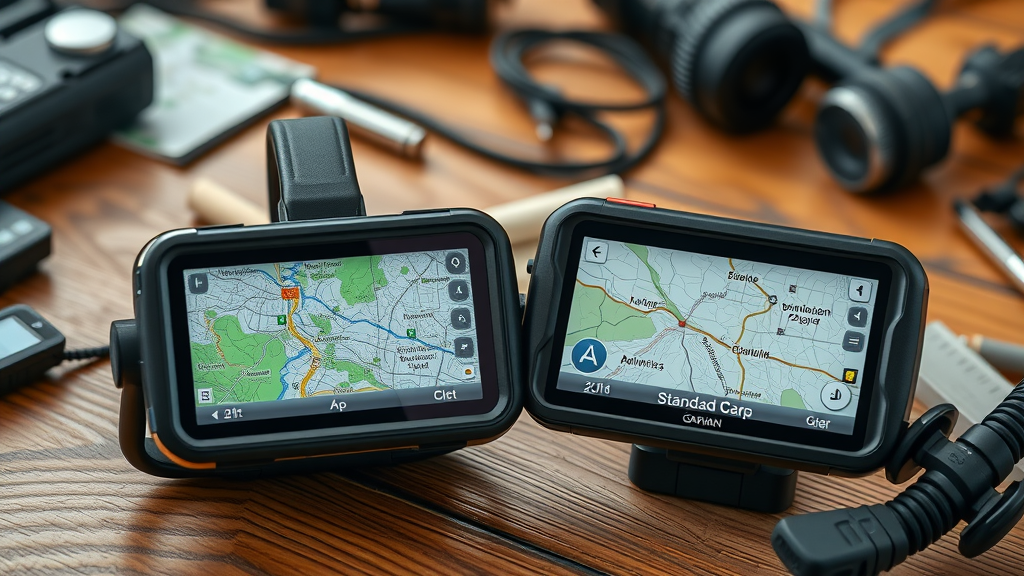 close-up view of rugged off-road GPS and sleek road GPS side by side showing different map displays for trail map versus city map using off road navigation technology