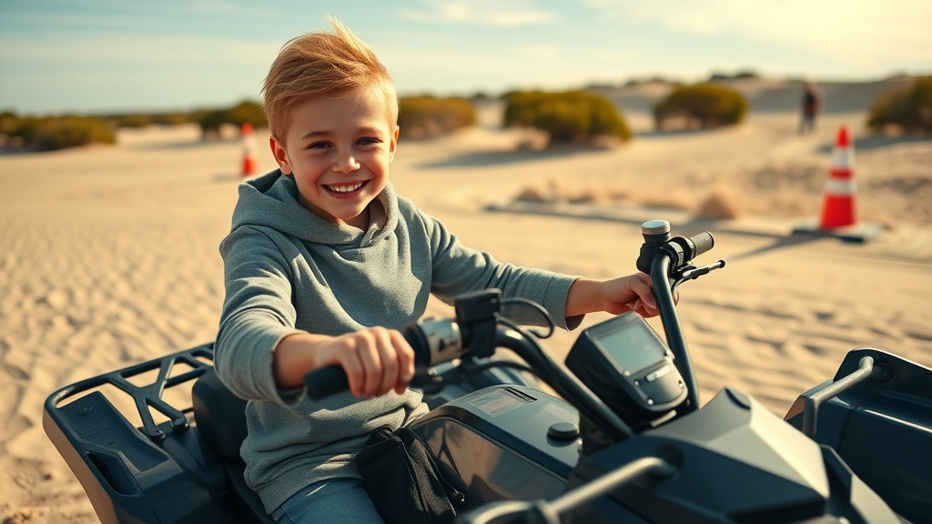 Confident young ATV rider practicing in an open sandy area, practicing basics, atv riding tips