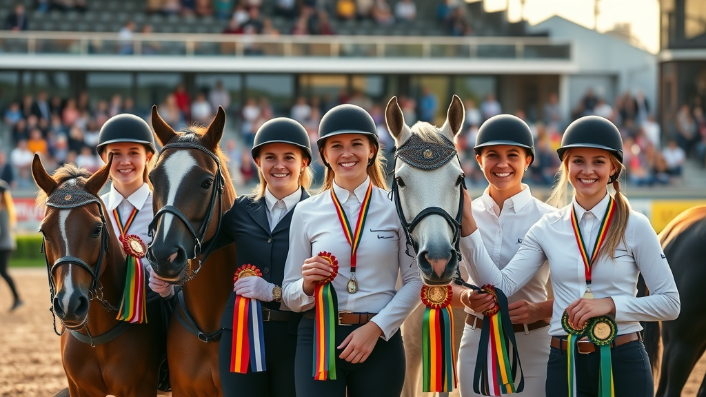 riding tips: Group of professional equestrians with horses and gear after competition