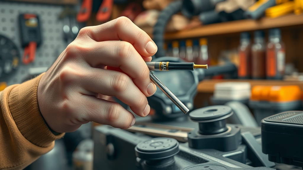 Close-up of a hand checking ATV oil level with a dipstick, performing maintenance in a garage. Highly detailed and lifelike, organized tools in the background, oil sheen on dipstick, mechanical details.
