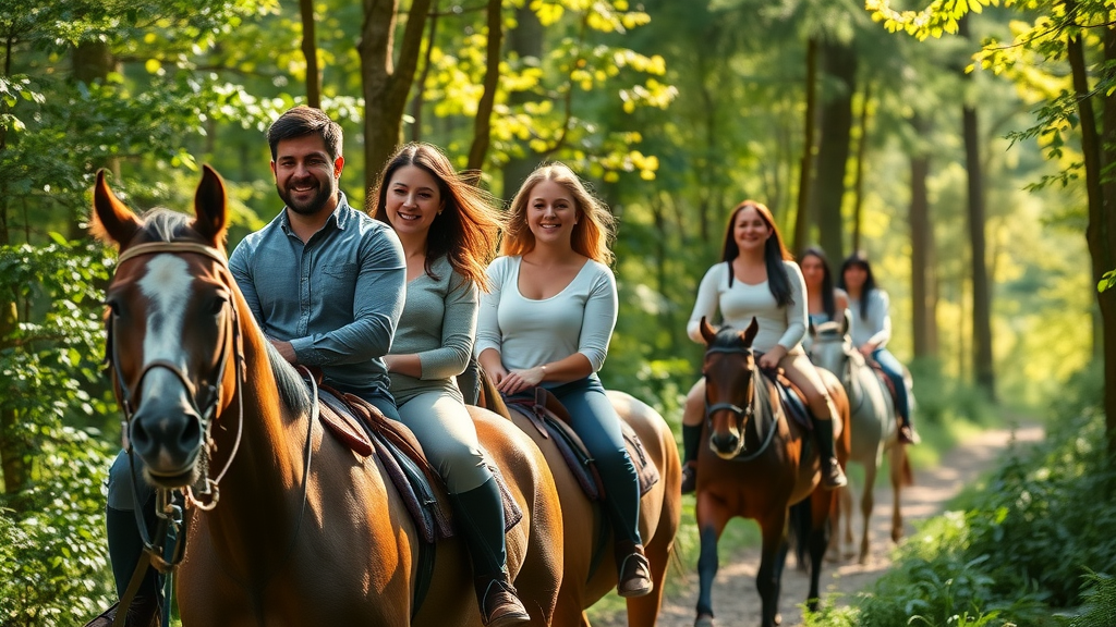 Trail riding tips on a scenic forest trail with diverse horseback riders enjoying the ride