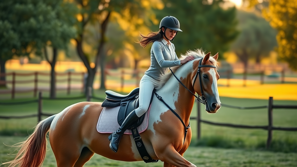 Disciplined advanced rider demonstrating core strength and subtle body cues, guiding a responsive horse in a photorealistic paddock