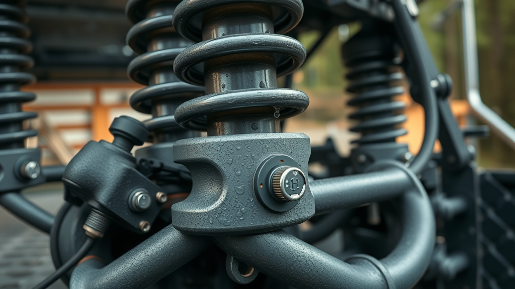 close-up showing corrosion resistant, heavy-duty off road suspension kits with durable coatings and components outdoors