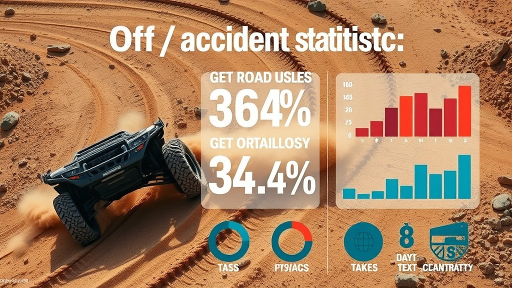 off-road vehicle handling accident statistics infographic, vivid graphs and charts on rugged dirt road background with tire tracks and scattered rocks