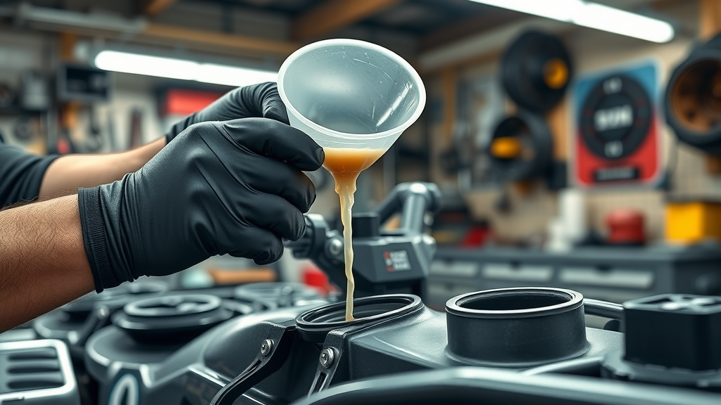Hands wearing gloves refilling ATV differential fluid, pouring fluid with a funnel in a workshop setting, technical tools and spare parts visible. Highly detailed, reflective surfaces, cool and neutral tones.