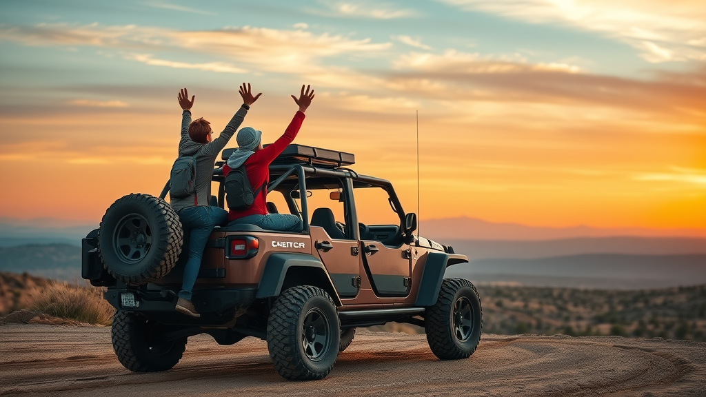 adventurers with a modern off-road vehicle overlooking vast wilderness at golden hour, symbolizing the cultural shift brought by off road vehicle tech inovations