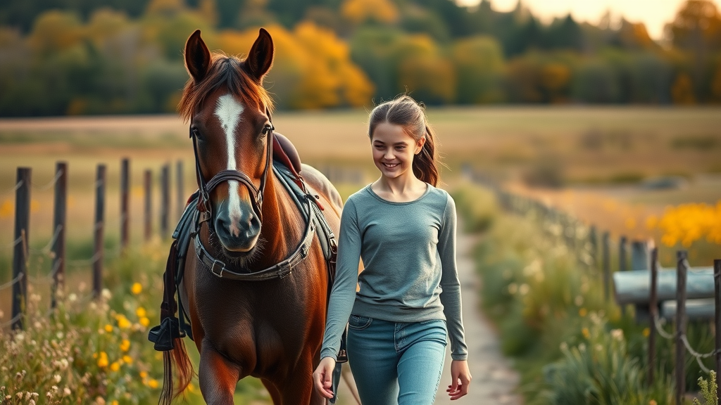beginner riding advice – determined new rider with gentle horse walking after lesson