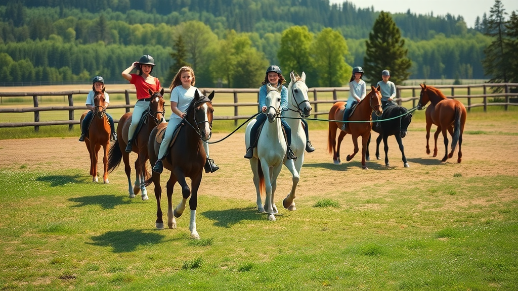 Group riding lesson working on balance improvement on lunge line in an outdoor arena.