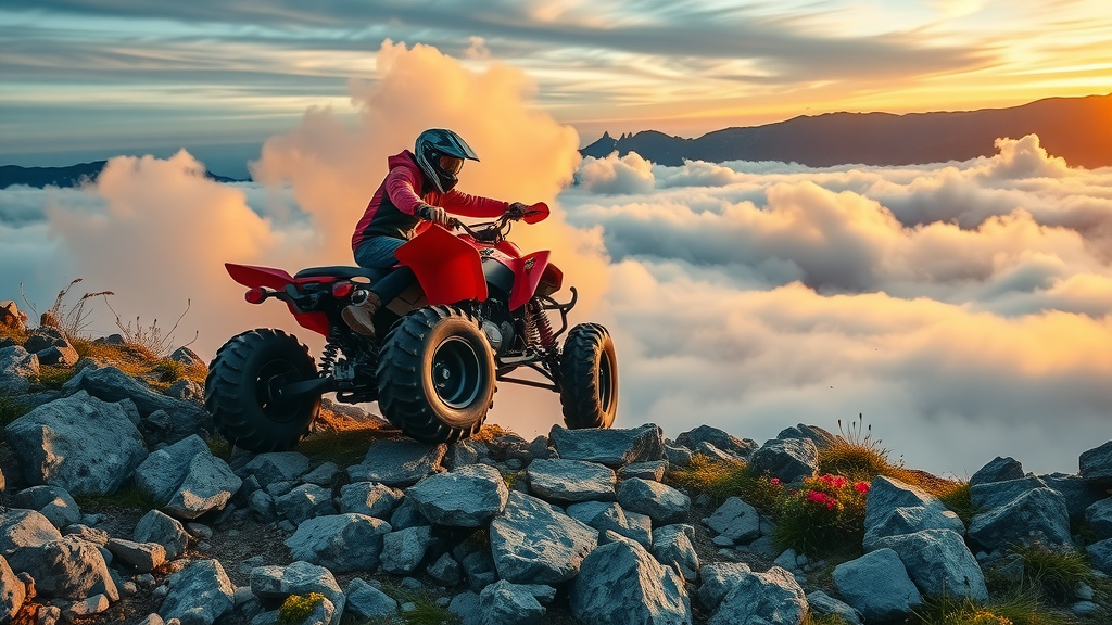 adventurous ATV ascending rocky slope, demonstrating advanced all-terrain vehicle techniques and safe riding in a high-altitude landscape