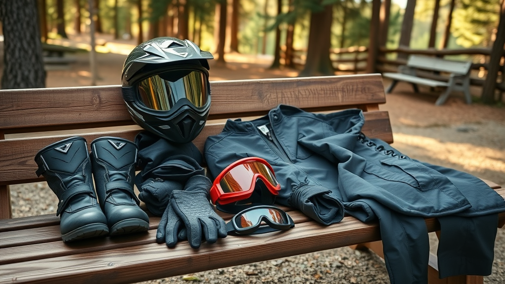 ATV riding gear helmet boots gloves goggles jacket laid out at rustic trailhead beginner atv riding advice