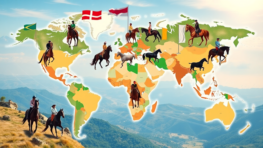 horseback riding styles around the world, map with riders and horses, diverse scenes and countries