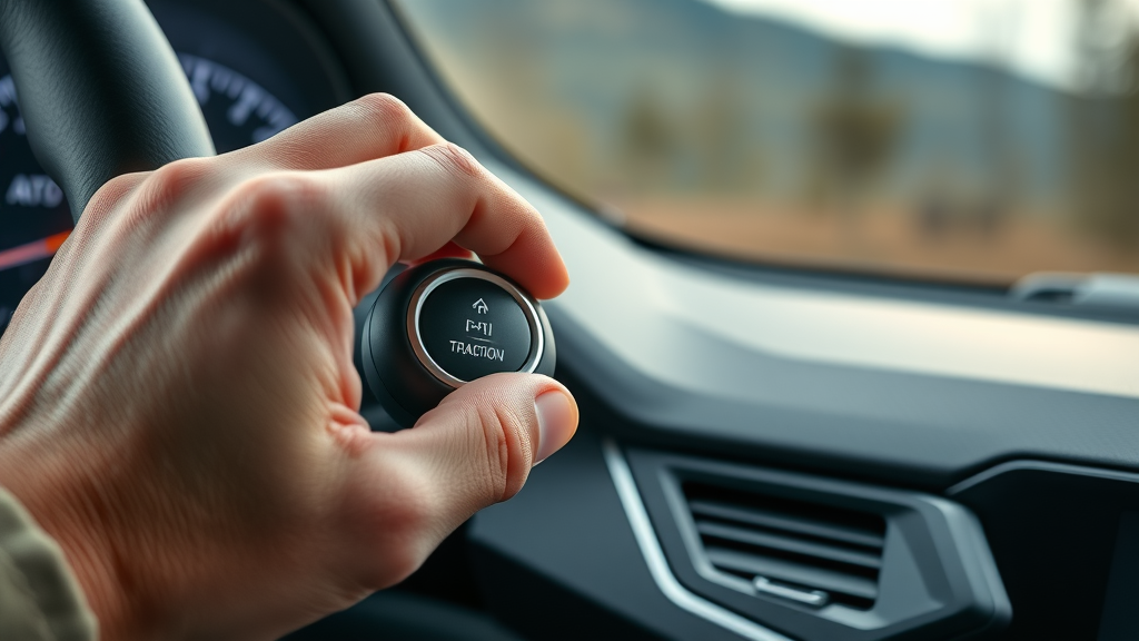 SUV dashboard close-up, driver activating traction control and locking differential for off-roading