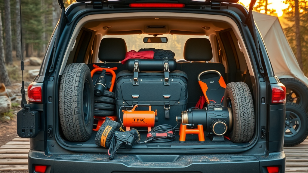 organized off-road vehicle handling and recovery equipment, tire deflator, air compressor, traction boards on SUV tailgate at wild campsite