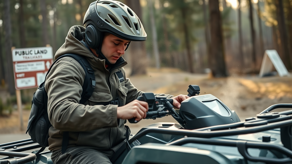 attentive ATV rider performing safety check in wooded public land, checking controls and tires, emphasizing ATV safety and pre-ride tips