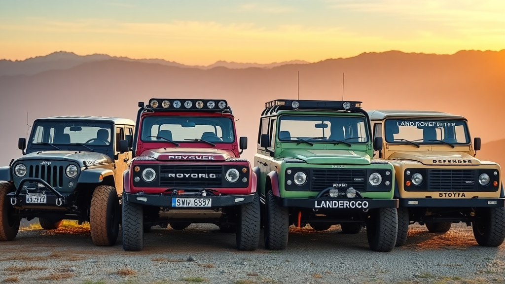 off road vehicle performance best vehicles lineup - jeep wrangler, toyota land cruiser, ford bronco, land rover defender side by side mountain backdrop