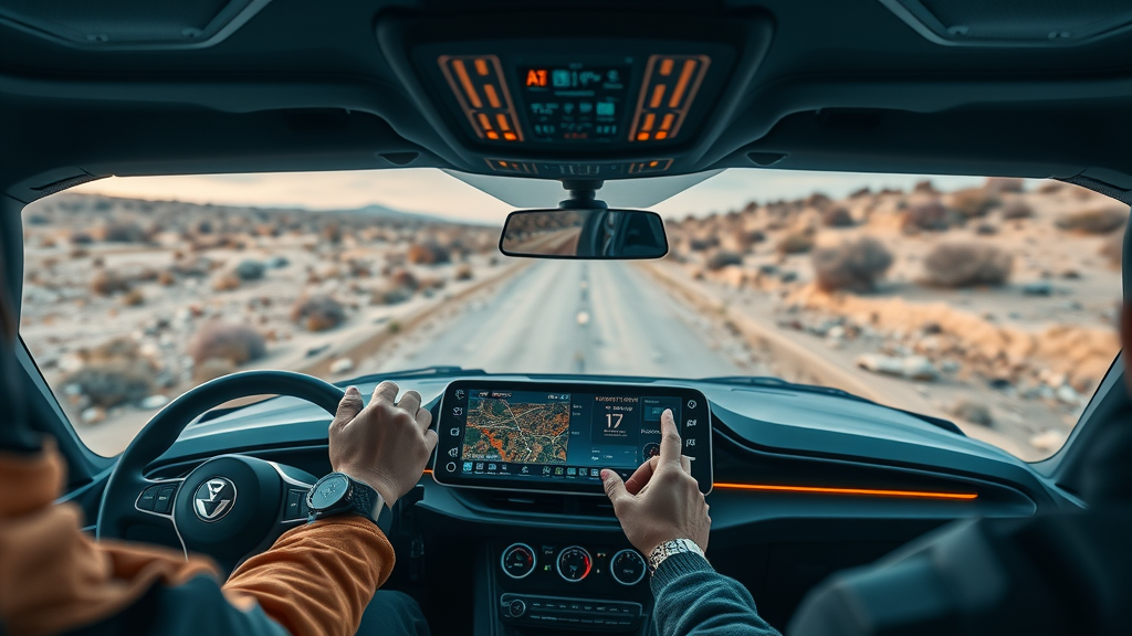 innovative terrain vehicle dashboard with AI terrain mapping – all terrain vehicle tech, driver with wearable, holographic overlays, open trail view