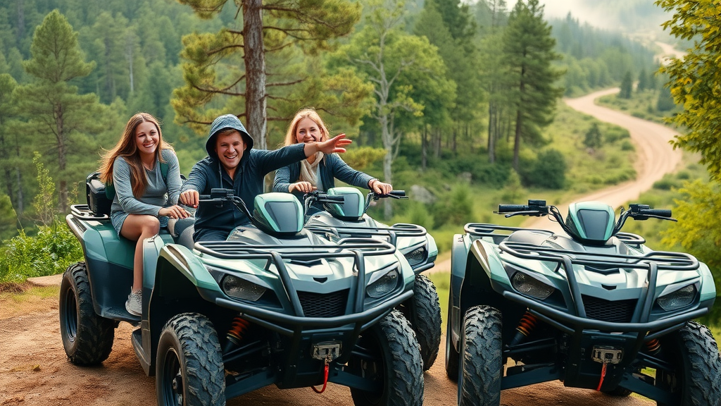adventurous group of UTV trail riders preparing their side-by-side vehicles near lush atv trail with vibrant green trees and early morning mist