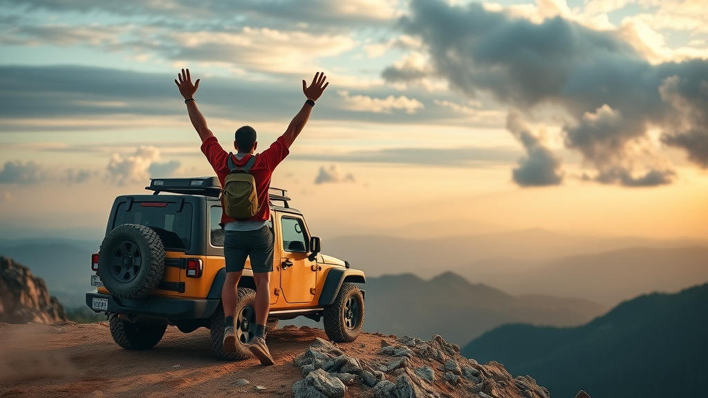 aspirational off-road vehicle handling success, celebratory driver at scenic mountain ridge beside dusty 4x4