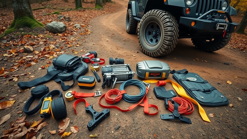key off road vehicle performance recovery equipment - straps, winch, tools organized on ground by 4x4