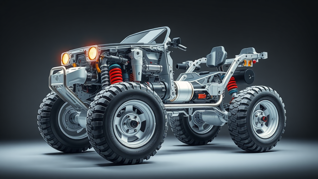 modern all-terrain suspension system with active electronic sensors – all terrain vehicle tech, transparent technical cutaway, labeled components, white and chrome, spotlight lighting