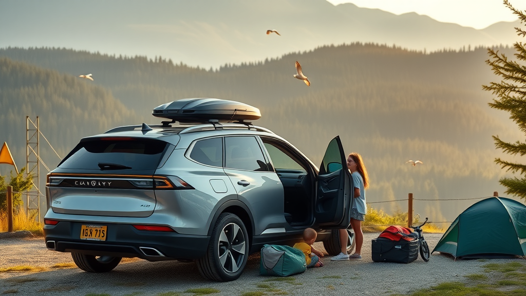 Modern electric SUV parked at scenic overlook, family setting up camping gear, mountain vista backdrop, Nikon Z 24-120mm f/4 S