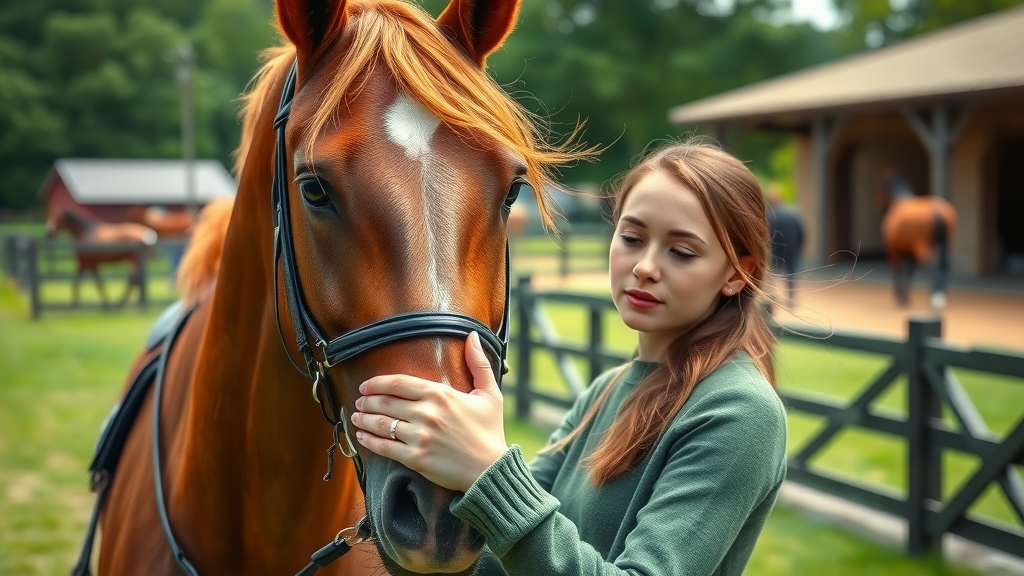 inspirational female equestrian calmly patting a bay horse’s neck in a lush green stable yard, horseback riding tips