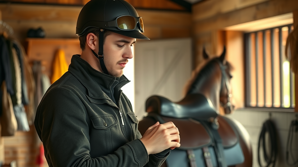 Trail riding safety gear being checked by a horseback rider in an open stable
