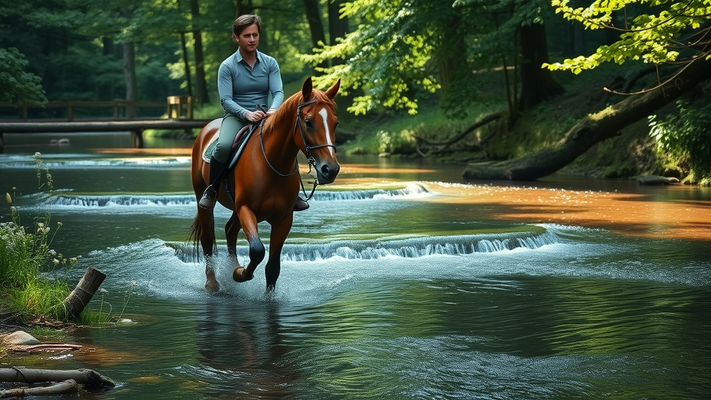 Trail riding tips: Rider leading a calm horse across a stream in a forest glen